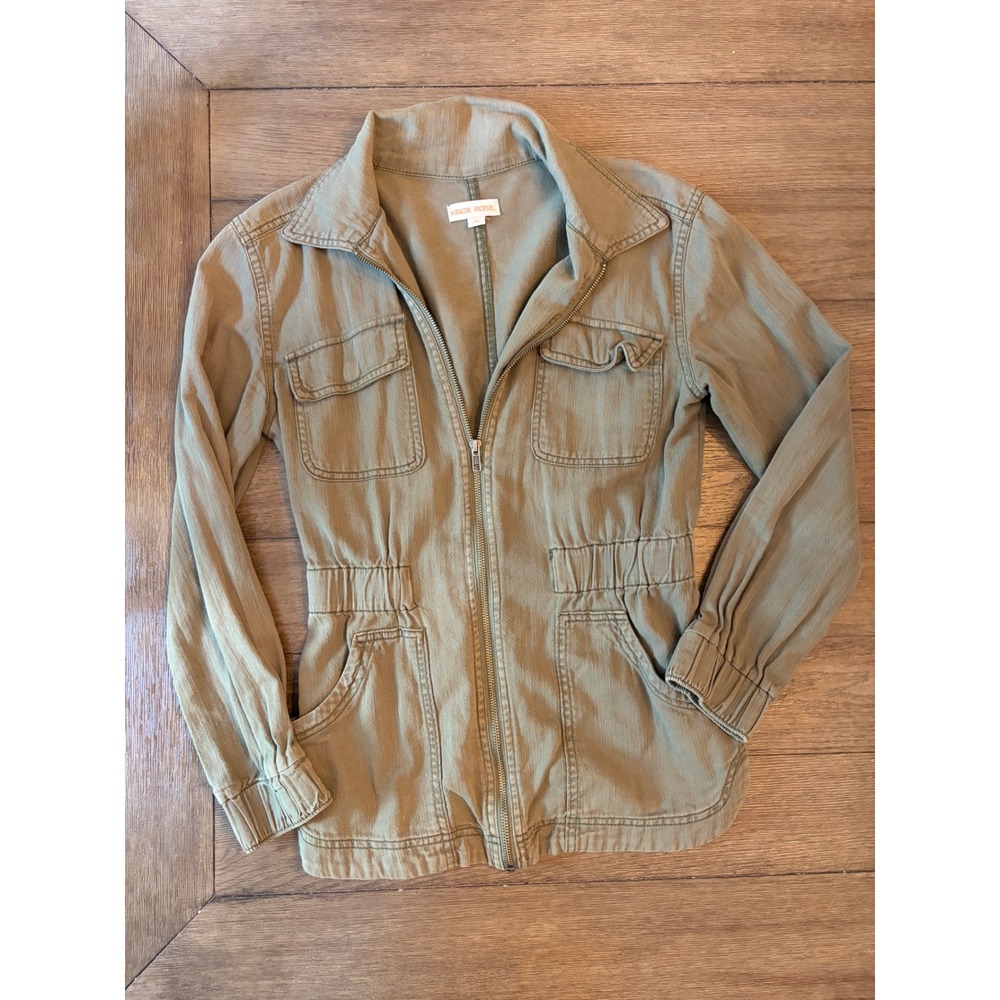Knox Rose Utility Jacket Women Green Full Zip Elastic Waist Cotton Cargo Pocket